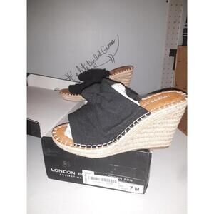 London Fog Womens SIZE 7M Heidi Espadrille Wedge Sandals w/Knotty Bow black#62b